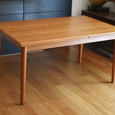 Extra-long restored Danish teak extendable rectangular dining table - (extends 57.5