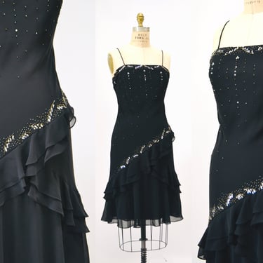 Vintage 90s 00s Y2K Bias Cut Black Dress Size Medium Black Beaded Dress Chiffon Black Dress with Beaded Sequin and Ruffle Hem 