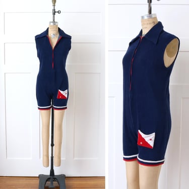 vintage 1970s romper • navy blue terrycloth zip front onsie jumper 