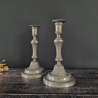 Set of 2 Antique French Silver Plated Candle Holders with Embossed Details 