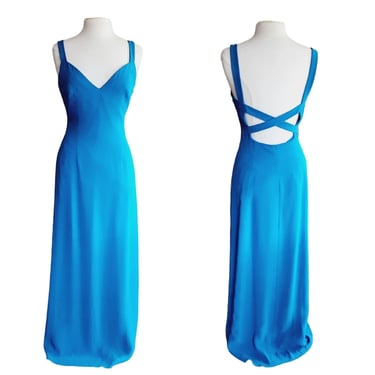 Vintage 90s Armani Blue Evening Dress Criss Cross Back 