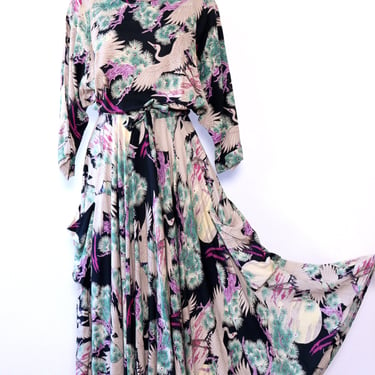 Scenic Crane Print Cowl Dress S/M