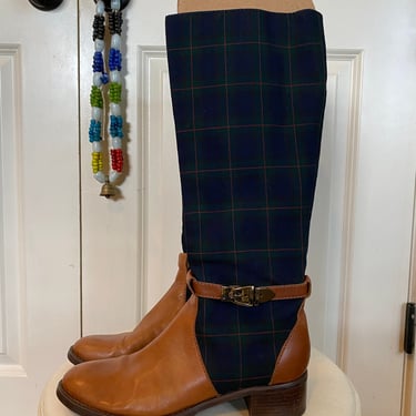 Etienne Aigner boots, plaid and leather, size 8 1/2, vintage boots, riding style, flat, round toe, classic boots, designer, fall fashion 