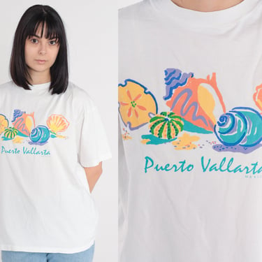 Puerto Vallarta Shirt 90s Mexico T-Shirt Seashell Graphic Tee Ocean Beach Tourist Travel Tshirt Retro Single Stitch White Vintage 1990s XL 