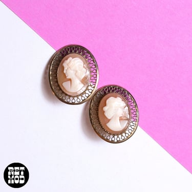 Romantic Vintage 70s 80s Gold Profile Lady Cameo Clip-On Earrings 