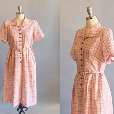 1950s XL-Plus Pink Plaid Day Dress / Cotton Dress / Plus Size Dress / Size Extra Large - Plus 