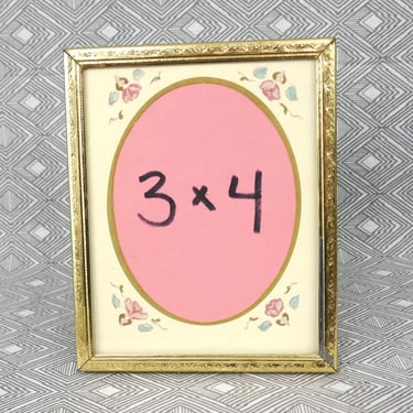 Vintage 3" x 4" Picture Frame - Gold over Metal, Paper Oval Mat w/ Pink Flowers - Tabletop Only - 3x4 photo frame 