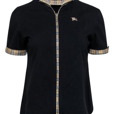 Burberry - Black Zip-Up Short Sleeve Shirt w/ Plaid Trim Sz XL