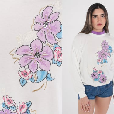 Glitter Floral Sweatshirt 90s White Flower Sweater Sparkly Leaf Graphic Shirt Purple Layered Mock Neck Blue Pink Gold Vintage 1990s Small S 