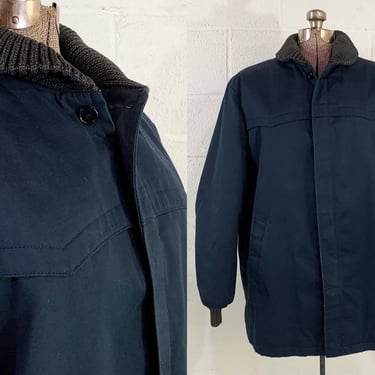 Vintage Navy Blue Winter Coat Hipster Jacket Outdoor Sears Oakbrook Sportswear Faux Fur 1970s 70s XL Large 