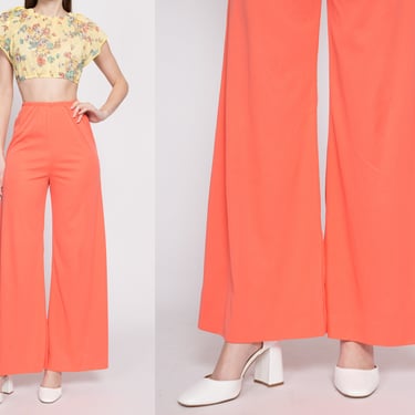 70s Salmon Palazzo Pants - Medium | Vintage High Waisted Retro Flared Elastic Disco Loungewear Bell Bottom Trousers 