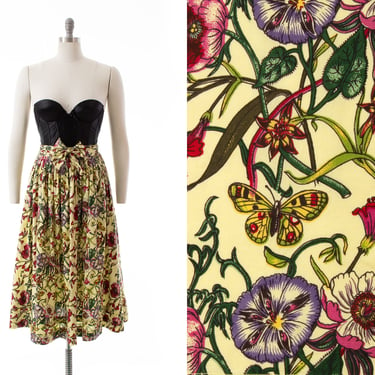 Vintage 1980s 1990s Skirt | 80s 90s Butterfly Novelty Print Floral Cotton Pleated Full Midi Swing Skirt (small/medium) 