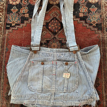 Vintage 40s 50s Handmade Big Mac Denim Overall Bag Purse Remade Repurposed Railroad Stripe by TimeBa