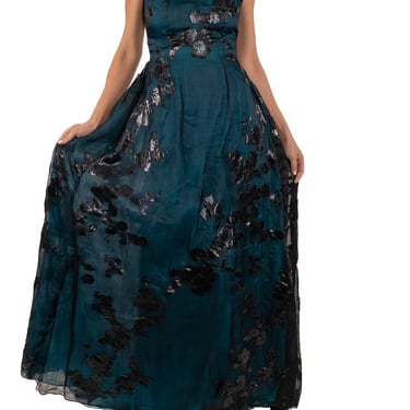 1990s Aqua Blue & Black Silk Lurex Matelassé Gauze Gown 