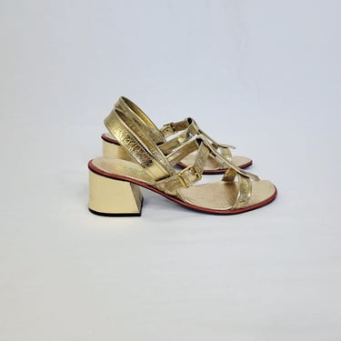 1960's Wedge Heel Metallic Gold Strappy Gladiator Sandals Shoes I Sz 6 