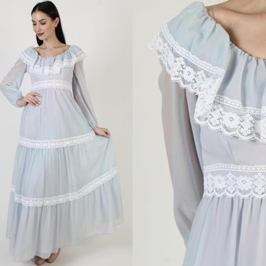 Pale Blue Boho Wedding Dress, Vintage 70s Monochrome Peasant Gown, Prairiecore Lace Maxi 