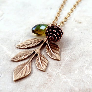 Leaf and Pinecone Necklace, Woodland Jewelry, Autumn Green Crystal Jewelry, Unique Gift 