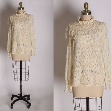 1970s Sheer Cream Off White Lace Ruffle Collar Long Sleeve Blouse -M 