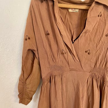 Vintage 40s Brown Cold Rayon cherry embellished shirtdress medium by TimeBa