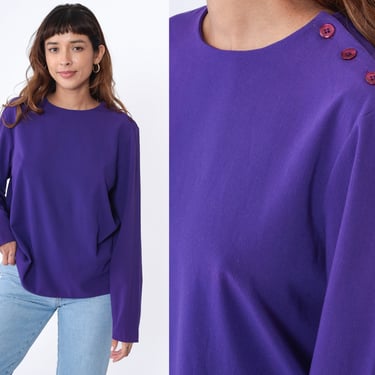 Royal Purple Blouse 80s 90s Button Shoulder Top Pullover Shirt Plain Long Sleeve Simple Vintage 1990s Polyester Rayon Extra Large xl 16 