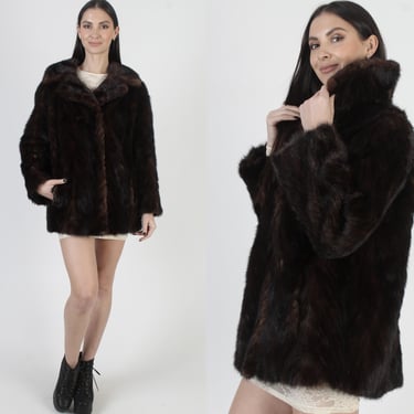 Cropped Mahogany Mink Jacket, Dark Brown Short Fur Coat, Striped Real Bridal Overcoat L 