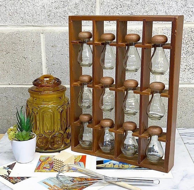 70s Wooden Spice Rack Cabinet 12 Glass Bottles