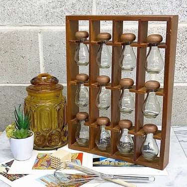 Vintage Spice Wall Rack Retro 1960s Mid Century Modern + Goodwood + 12 Bottles + Clear Glass and Wood + Spices + Kitchen Storage + Taiwan 