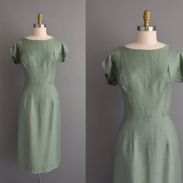 vintage 1950s dress | Green Silk Wiggle Dress | Large | 