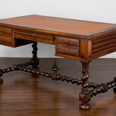 18th Century French Louis XIII Barley Twist Walnut Writing Desk W/ Brown Leather Top 