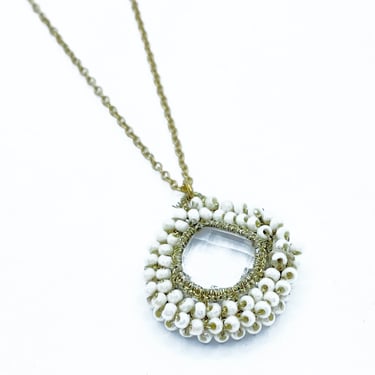 Danielle Welmond | Caged Crystal Quartz Necklace w/ Gold Cord and White Pearl on 14kt Gold Vermeil Chain