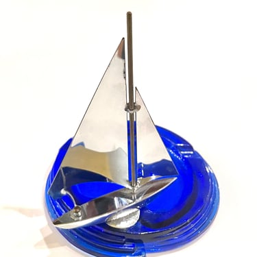 Art Deco Cobalt Blue & Chrome Sailboat Rare Ashtray