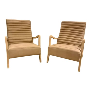 Modern Beige Channeled Leather Lounge Chairs Pair