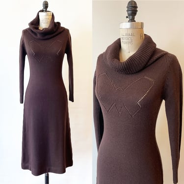 Vintage 70s Dark Brown Knit Dress with Cowl Turtleneck and Openwork Butterfly Motif/ 1970s Chocolate Brown Knit Midi Dress S 