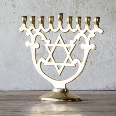 Star of David Hanukkah Menorah, Vintage Brass Jewish Chanukah Menorah 
