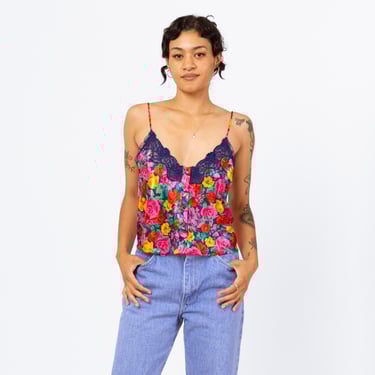 Vintage 90s Victoria's Secret Floral Satin Camisole - Small | Colorful Lace Trim Lingerie Slip Cami Crop Top 