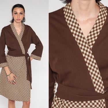 70s Wrap Dress Brown Gingham Wool Midi Dress Secretary High Waisted V Neck Knee Length Mod Professional Long Sleeve Vintage 1970s Small S 