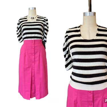 1980s top, black and white striped, vintage skirt, velour, metallic gold lurex, puff shoulders, pull over, 80s jumper, small 