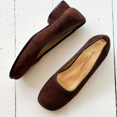 1990s Chocolate Brown Suede Block Heel Flats 