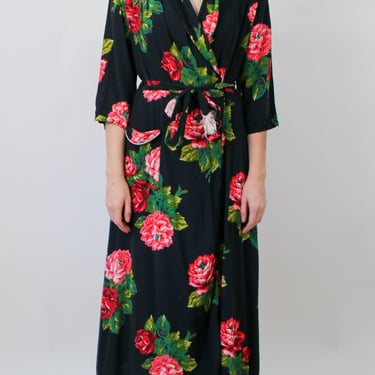 1940s Black Pink Red and Green Rayon Floral Print Robe