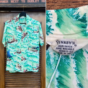 Vintage 1960’s “Penny’s” Label Native Outrigger Rayon Hawaiian Shirt, 60’s Loop Collar, Vintage Clothing 
