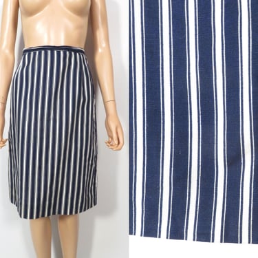 Vintage 60s Cotton Navy Striped High Waist Pencil Straight Skirt Metal Zipper Size 27 Waist 