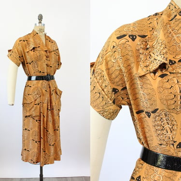 1940s 1949 CAY ARTLEY documented rayon TURTLE print dress medium | new fall 
