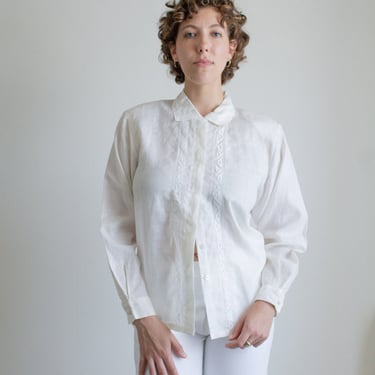 Vintage ivory linen embroidered front button down shirt // M (2369) 