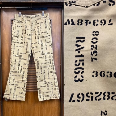 Vintage 1960’s w32 Stencil Printed Mod Military Style Flare Trousers Pants, 60’s Vintage Clothing 