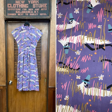 Vintage 1950’s Lavender “Rip Van Winkle” Atomic Cotton Rockabilly Dress, Novelty Print, Vintage 1950s Dress, Rockabilly, Cotton, Atomic, 