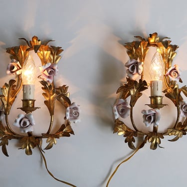 Pretty Pair of Gilded Tole Italian Wall Sconces With Hand Made Pink Porcelain Roses Flower Wall Lights Hollywood Regency Romantic 1950 1960 