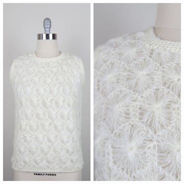 Vintage 1960s hand crochet sweater, crocheted shell, angora, sleeveless top, knit, size medium 