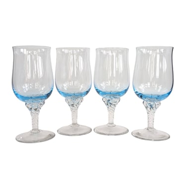 Vintage Blue Crystal Wine Glasses with Twisted Clear Stem, Brighton Celebrity Water Goblets 