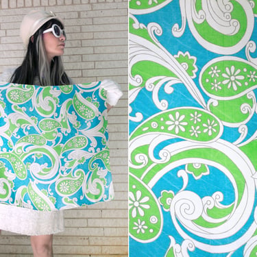 Super Cute Vintage 60s 70s Blue Green White Psychedelic Square Scarf 