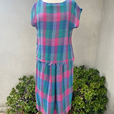 Vintage 80s skirt top set checkers green blue pink Sz M Jo Hardin Dallas 